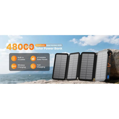 Solar Charger Power Bank - 48000Mah Wireless Portable Charger Built-In 4 Cables and 4 Solar Panels, PD QC 3.0 Fast USB C Battery Pack with Flashlight for Camping Travel