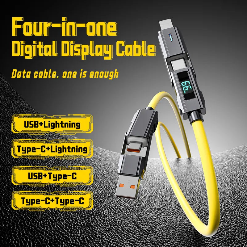 65W 4-In-1 USB-C Connection Cable with LED Display, PD 5A Fast Charging, Data Sync, USB-A, Type-C, Lightning, Aluminum, Compatible with Iphone 16/15, Ipad, Samsung and Laptops