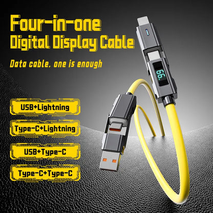 65W 4-In-1 USB-C Connection Cable with LED Display, PD 5A Fast Charging, Data Sync, USB-A, Type-C, Lightning, Aluminum, Compatible with Iphone 16/15, Ipad, Samsung and Laptops