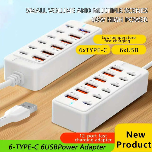 12-Port USB Fast Charger Station, Multi Port Adapter, 6 Type-C PD + 6 USB-A Ports, 60W per Port, Compact Design, Ideal for Laptops, Tablets, Office Desk, USB Charging Ports