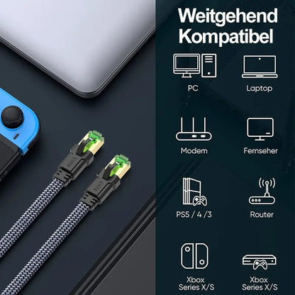 Cat 8 Ethernet Cable, High Speed Braided Twisted Pair 40Gbps 2000Mhz Network Cord, Heavy Duty LAN Cable Universal Compatibility Compatible for Gaming PC PS5 Xbox Modem Router