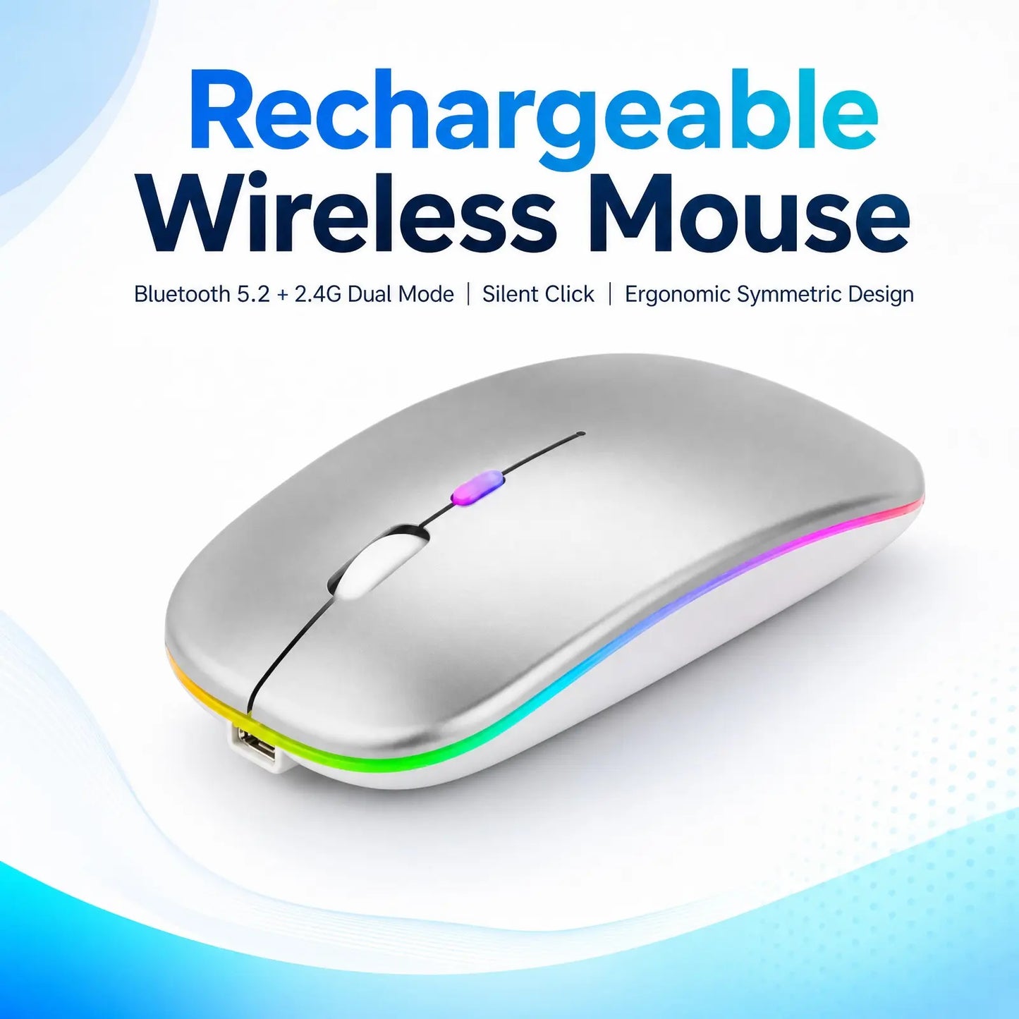 Type C Rechargeable Wireless Mouse, LED Ambilight, Dual Mode 2.4G/Bt, Ergonomic Design, Portable Silent Mouse for Laptops, Desktops, Tablets, Wireless Rechargeable Mice