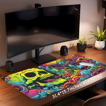 Psychedelic Neon Grotesque Skull Design Large Gaming Mouse Pad, Desktop Protection Pad, Washable Rubber Pad Non-Slip Lock Edge Multi-Size Mouse Pad, Computer Accessories for Desk, Desk Accessories for Home Office, Desk Gadgets, Perfect for Halloween