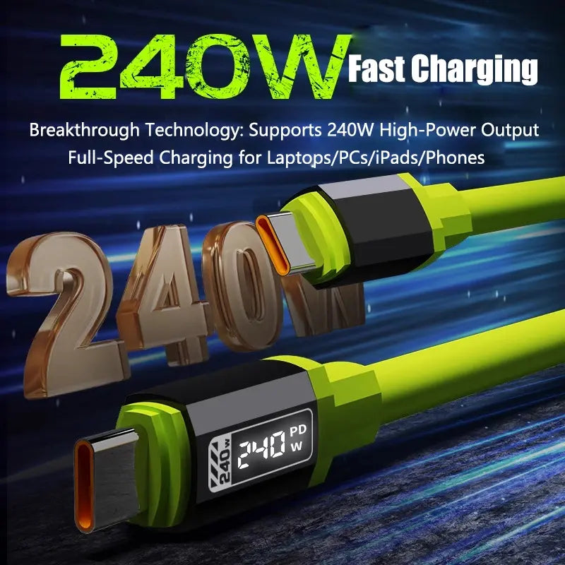 Digital Display 240W Super Fast Charging Cable, USB-C to USB-C Silicone Smartphone Charger Line, Compatible with Iphone 16 Pro Max, Samsung Galaxy S23/S22/S21