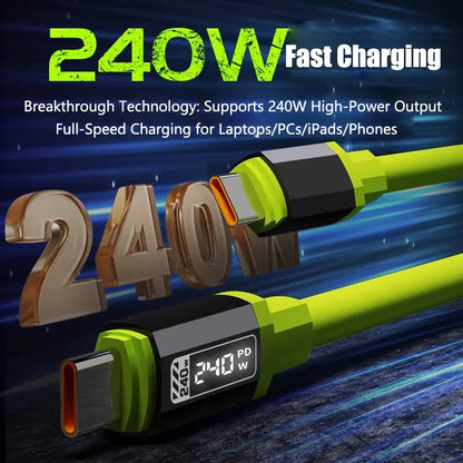 Digital Display 240W Super Fast Charging Cable, USB-C to USB-C Silicone Smartphone Charger Line, Compatible with Iphone 16 Pro Max, Samsung Galaxy S23/S22/S21
