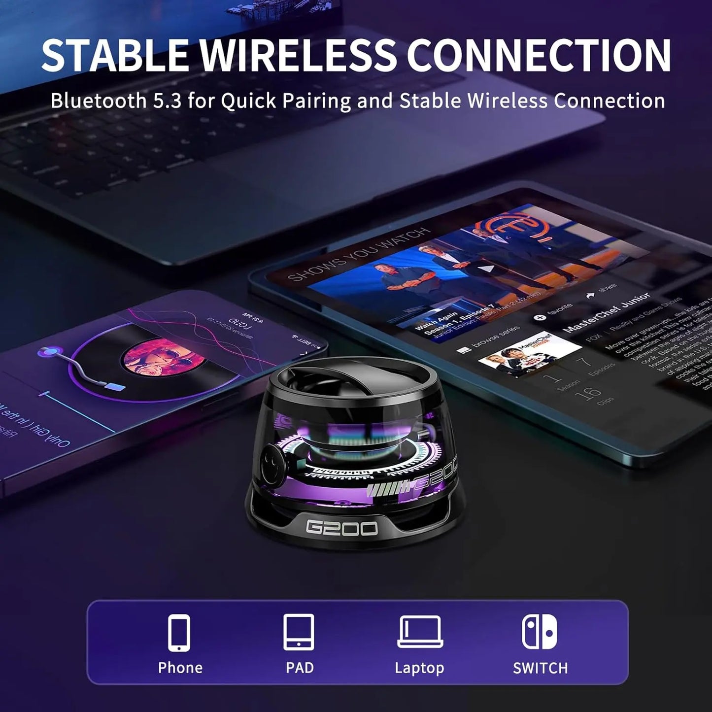 Circuiliving G200 Compact Portable Magnetic-Suction Cup Bluetooth Speaker - IPX4 Waterproof, RGB Lights, TWS Stereo Surround Sound, Smartphone Holder, Suitable for Outdoor & Car Use, Compatible with Iphone & Android, Ideal Gift