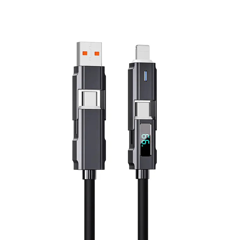 65W 4-In-1 USB-C Connection Cable with LED Display, PD 5A Fast Charging, Data Sync, USB-A, Type-C, Lightning, Aluminum, Compatible with Iphone 16/15, Ipad, Samsung and Laptops