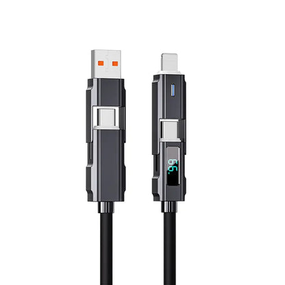 65W 4-In-1 USB-C Connection Cable with LED Display, PD 5A Fast Charging, Data Sync, USB-A, Type-C, Lightning, Aluminum, Compatible with Iphone 16/15, Ipad, Samsung and Laptops