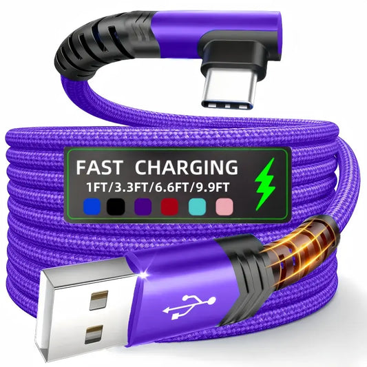 90-Degree USB-C Cable, USB-A to USB-C Right-Angle Nylon-Braided Durable Fast-Charging Cable for Cellphone, Iphone 16 Pro Max, Samsung Galaxy S24 Ultra and Ipad Air 6