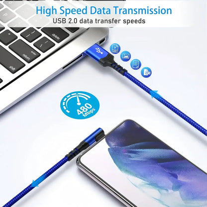 90-Degree USB-C Cable, USB-A to USB-C Right-Angle Nylon-Braided Durable Fast-Charging Cable for Cellphone, Iphone 16 Pro Max, Samsung Galaxy S24 Ultra and Ipad Air 6
