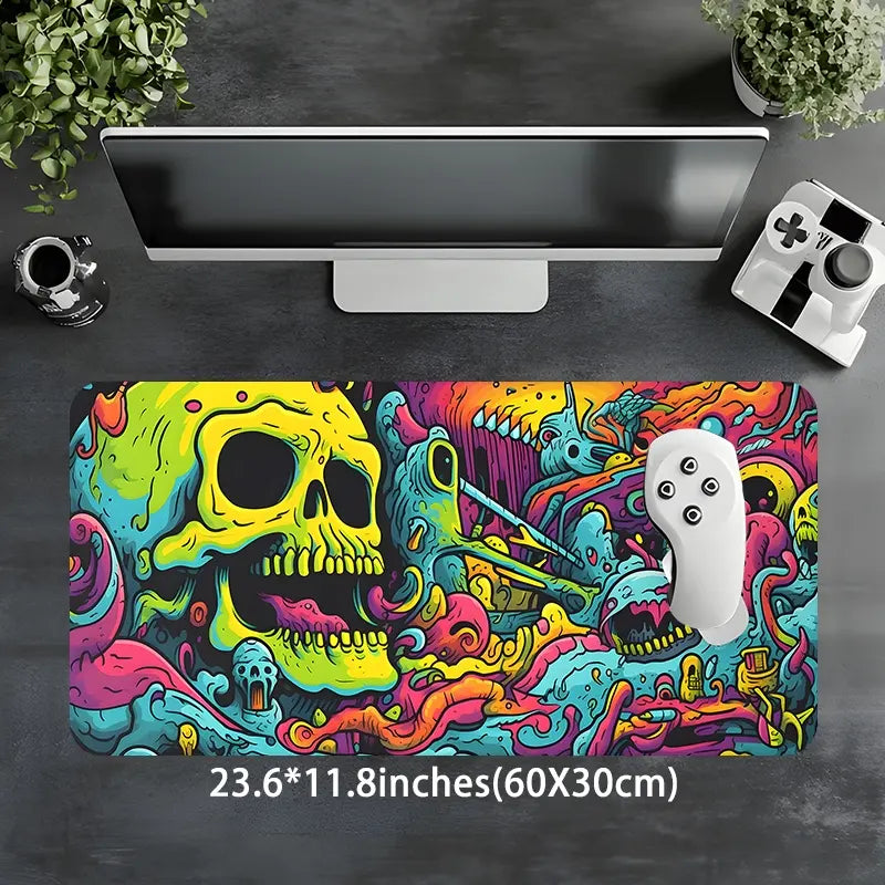 Psychedelic Neon Grotesque Skull Design Large Gaming Mouse Pad, Desktop Protection Pad, Washable Rubber Pad Non-Slip Lock Edge Multi-Size Mouse Pad, Computer Accessories for Desk, Desk Accessories for Home Office, Desk Gadgets, Perfect for Halloween