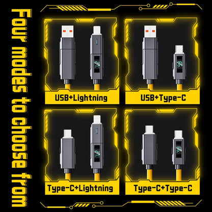 65W 4-In-1 USB-C Connection Cable with LED Display, PD 5A Fast Charging, Data Sync, USB-A, Type-C, Lightning, Aluminum, Compatible with Iphone 16/15, Ipad, Samsung and Laptops
