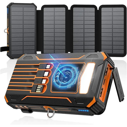 Solar Charger Power Bank - 48000Mah Wireless Portable Charger Built-In 4 Cables and 4 Solar Panels, PD QC 3.0 Fast USB C Battery Pack with Flashlight for Camping Travel