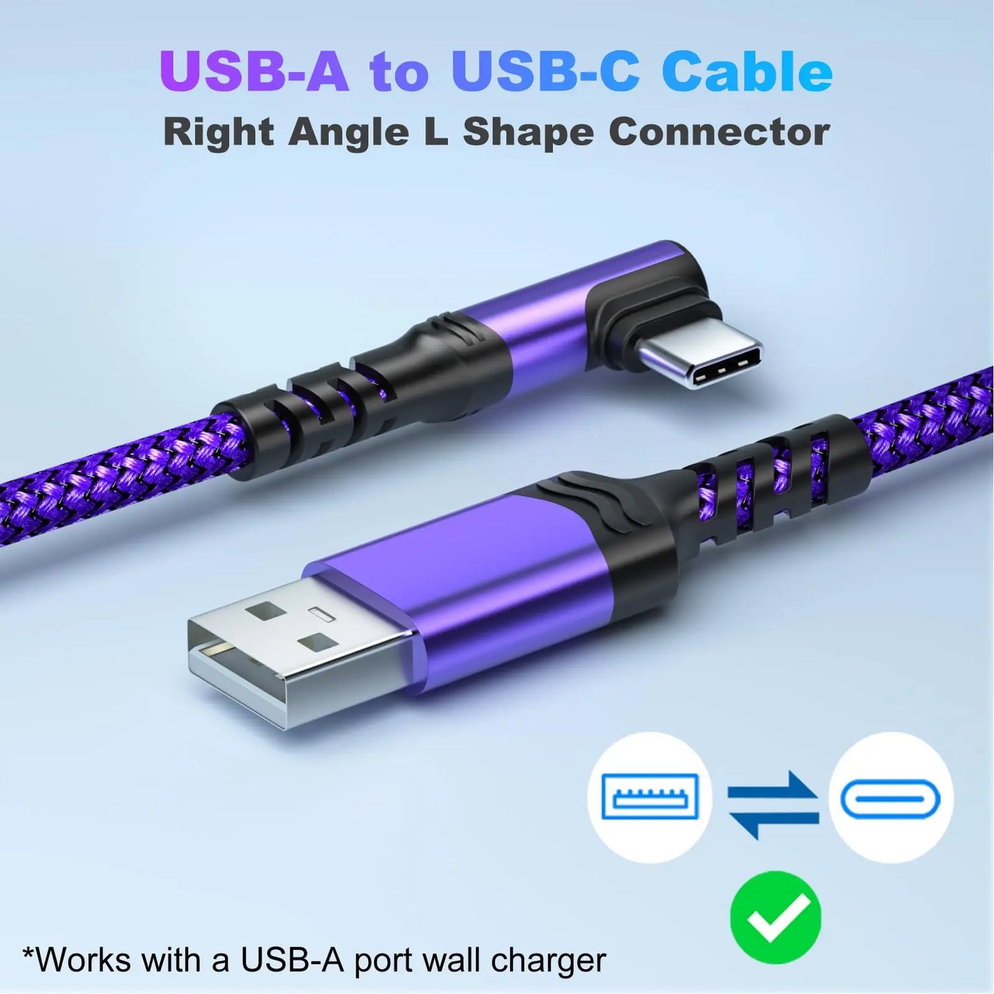 90-Degree USB-C Cable, USB-A to USB-C Right-Angle Nylon-Braided Durable Fast-Charging Cable for Cellphone, Iphone 16 Pro Max, Samsung Galaxy S24 Ultra and Ipad Air 6