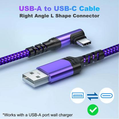 90-Degree USB-C Cable, USB-A to USB-C Right-Angle Nylon-Braided Durable Fast-Charging Cable for Cellphone, Iphone 16 Pro Max, Samsung Galaxy S24 Ultra and Ipad Air 6