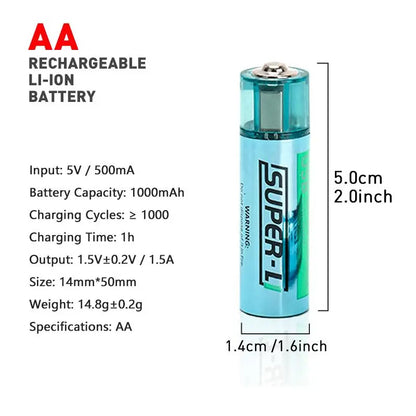 USB Rechargeable Battery for Electronics, Lithium 1.5V 1000Mah AA Type Battery, All-Purpose Household Replacement Battery for Home & Office Use, Music Festival Supplies