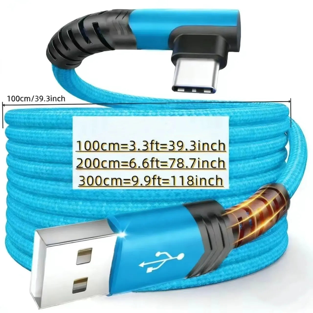 90-Degree USB-C Cable, USB-A to USB-C Right-Angle Nylon-Braided Durable Fast-Charging Cable for Cellphone, Iphone 16 Pro Max, Samsung Galaxy S24 Ultra and Ipad Air 6