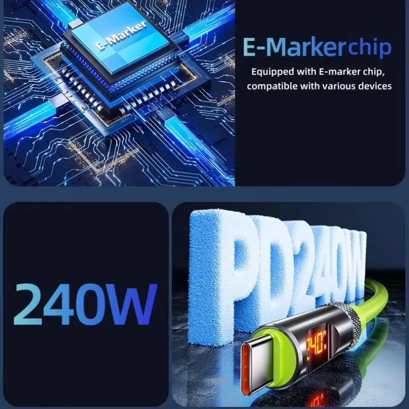 240W Super Fast Charging Cable, Type-C to Type-C Digital Display Charger, Rapid Charger Cable, Pd3.1 480Mbps High-Speed Data Transfer Line