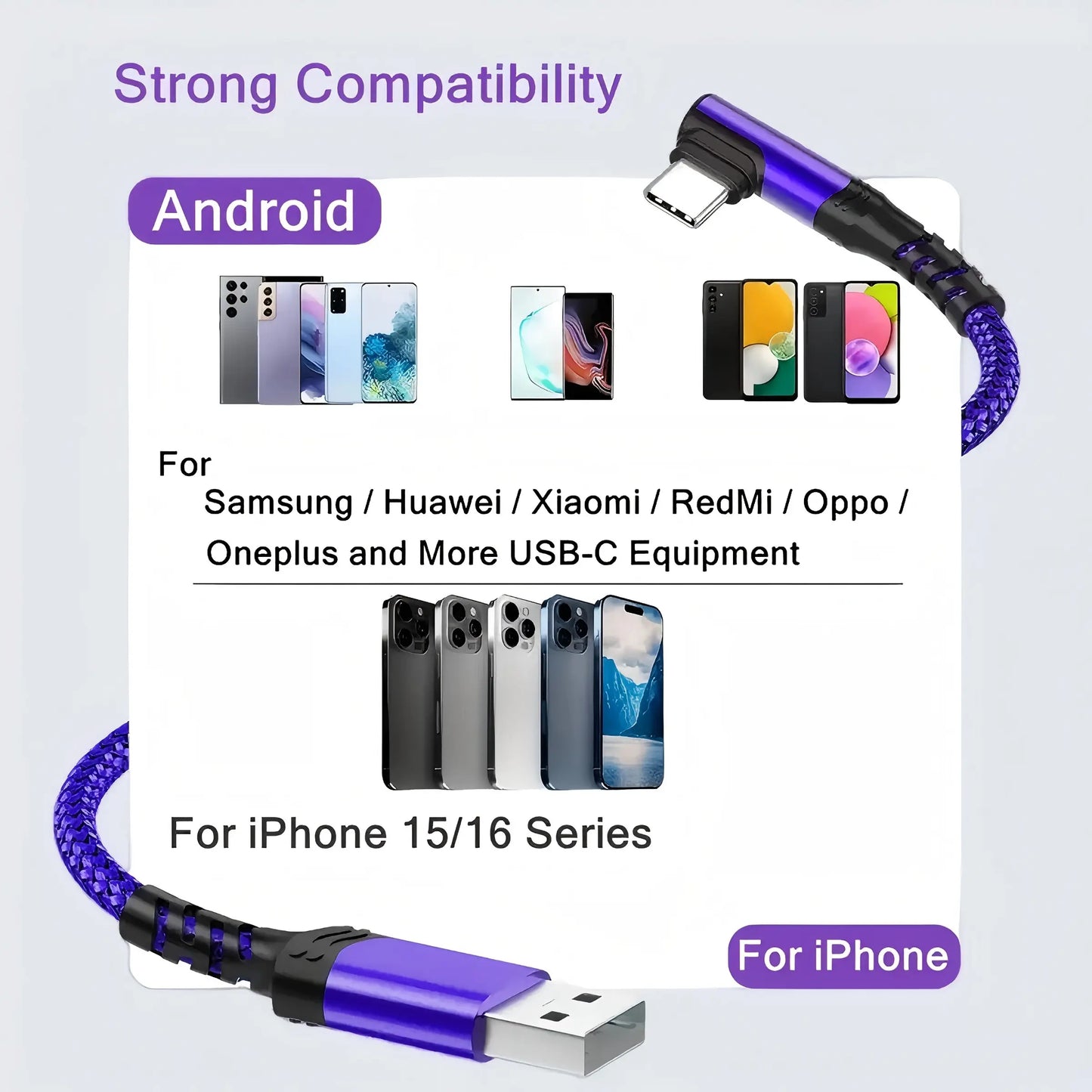 90-Degree USB-C Cable, USB-A to USB-C Right-Angle Nylon-Braided Durable Fast-Charging Cable for Cellphone, Iphone 16 Pro Max, Samsung Galaxy S24 Ultra and Ipad Air 6