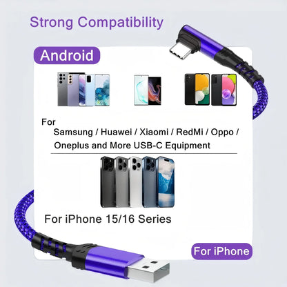 90-Degree USB-C Cable, USB-A to USB-C Right-Angle Nylon-Braided Durable Fast-Charging Cable for Cellphone, Iphone 16 Pro Max, Samsung Galaxy S24 Ultra and Ipad Air 6