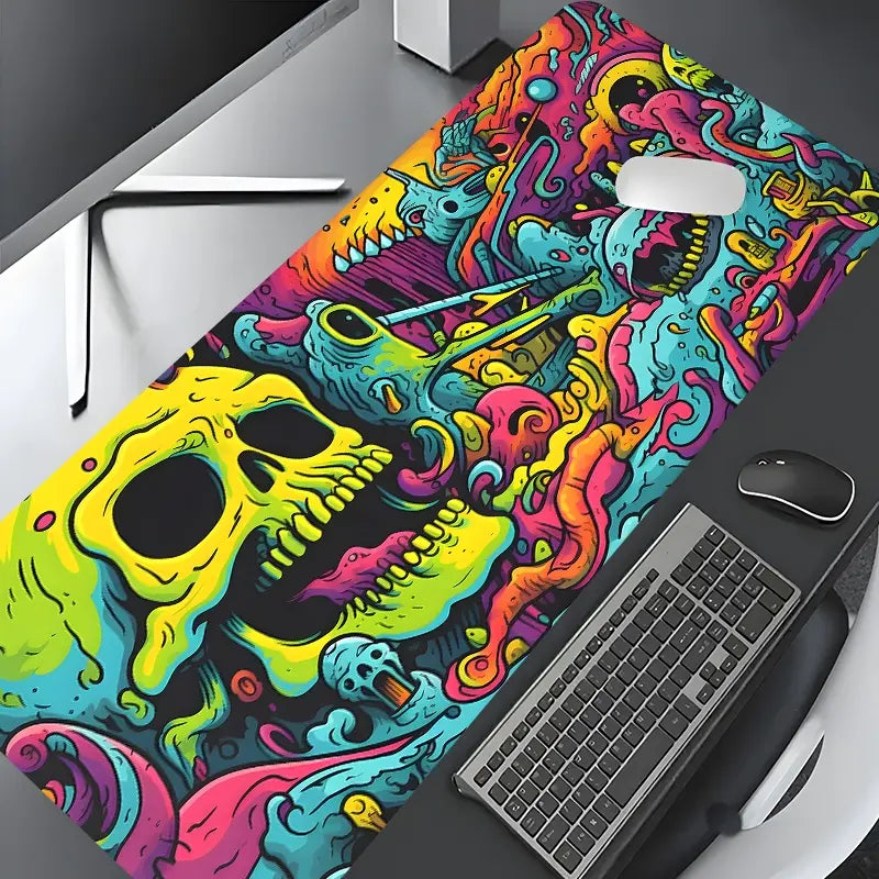 Psychedelic Neon Grotesque Skull Design Large Gaming Mouse Pad, Desktop Protection Pad, Washable Rubber Pad Non-Slip Lock Edge Multi-Size Mouse Pad, Computer Accessories for Desk, Desk Accessories for Home Office, Desk Gadgets, Perfect for Halloween