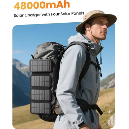 Solar Charger Power Bank - 48000Mah Wireless Portable Charger Built-In 4 Cables and 4 Solar Panels, PD QC 3.0 Fast USB C Battery Pack with Flashlight for Camping Travel