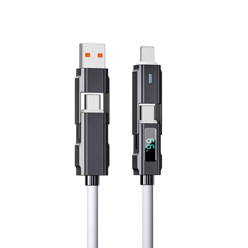 65W 4-In-1 USB-C Connection Cable with LED Display, PD 5A Fast Charging, Data Sync, USB-A, Type-C, Lightning, Aluminum, Compatible with Iphone 16/15, Ipad, Samsung and Laptops