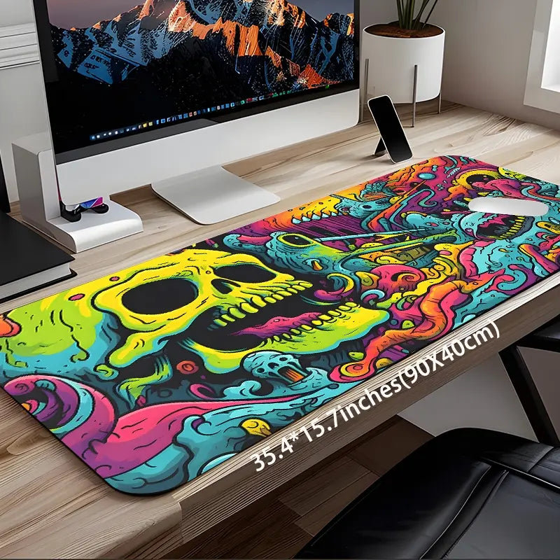 Psychedelic Neon Grotesque Skull Design Large Gaming Mouse Pad, Desktop Protection Pad, Washable Rubber Pad Non-Slip Lock Edge Multi-Size Mouse Pad, Computer Accessories for Desk, Desk Accessories for Home Office, Desk Gadgets, Perfect for Halloween