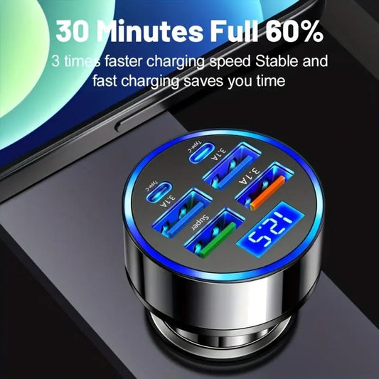 6-EN-1 Car Charger, Fast Charging Charger, Fast Charging Solution, with Fast Loading, LED Display, USB Dual PD QC3.0 Adapter, Connector, Universal Compatibility, Car Intake Mode, Operating Voltage 36V, Multiple Device Loads, Smartphone Charger