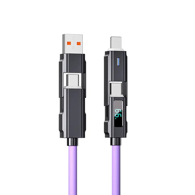 65W 4-In-1 USB-C Connection Cable with LED Display, PD 5A Fast Charging, Data Sync, USB-A, Type-C, Lightning, Aluminum, Compatible with Iphone 16/15, Ipad, Samsung and Laptops