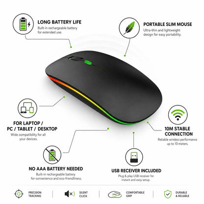 Type C Rechargeable Wireless Mouse, LED Ambilight, Dual Mode 2.4G/Bt, Ergonomic Design, Portable Silent Mouse for Laptops, Desktops, Tablets, Wireless Rechargeable Mice