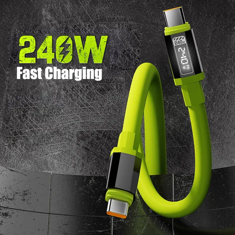Digital Display 240W Super Fast Charging Cable, USB-C to USB-C Silicone Smartphone Charger Line, Compatible with Iphone 16 Pro Max, Samsung Galaxy S23/S22/S21