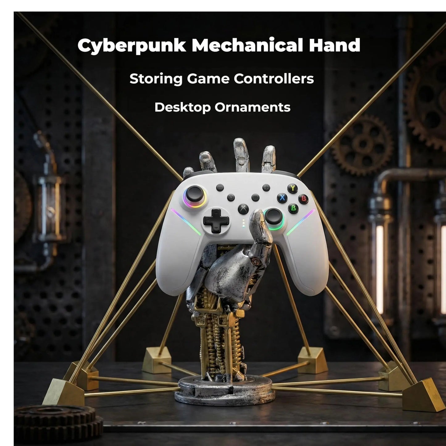 Mechanical Resin Cyberpunk Game Controller Stand - Multi-Functional Desk Organizer for Controllers, Phones, Over-Ear Headphones, Gamer Stuff, Back-To-School Gift