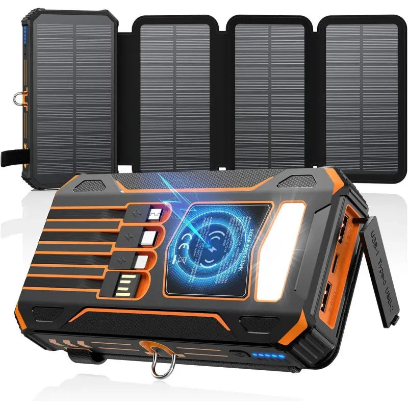 Solar Charger Power Bank - 48000Mah Wireless Portable Charger Built-In 4 Cables and 4 Solar Panels, PD QC 3.0 Fast USB C Battery Pack with Flashlight for Camping Travel