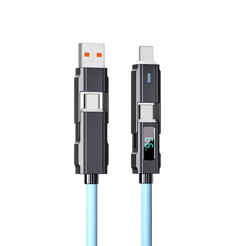65W 4-In-1 USB-C Connection Cable with LED Display, PD 5A Fast Charging, Data Sync, USB-A, Type-C, Lightning, Aluminum, Compatible with Iphone 16/15, Ipad, Samsung and Laptops