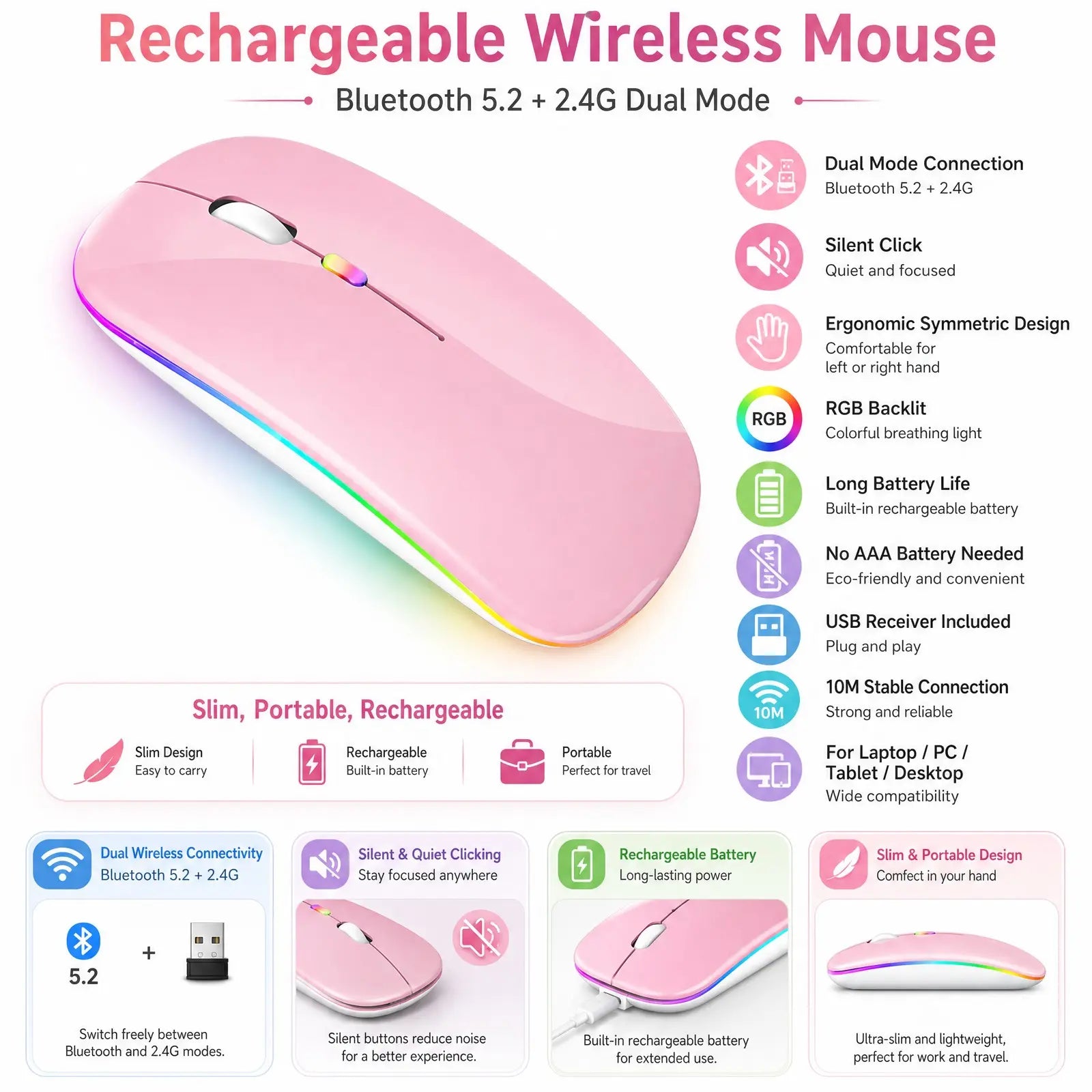 Type C Rechargeable Wireless Mouse, LED Ambilight, Dual Mode 2.4G/Bt, Ergonomic Design, Portable Silent Mouse for Laptops, Desktops, Tablets, Wireless Rechargeable Mice