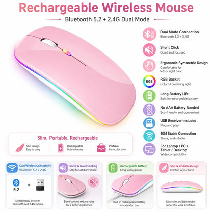 Type C Rechargeable Wireless Mouse, LED Ambilight, Dual Mode 2.4G/Bt, Ergonomic Design, Portable Silent Mouse for Laptops, Desktops, Tablets, Wireless Rechargeable Mice